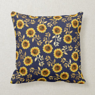Sunny Yellow Gold Navy Sunflower Leaves Pattern Kussen