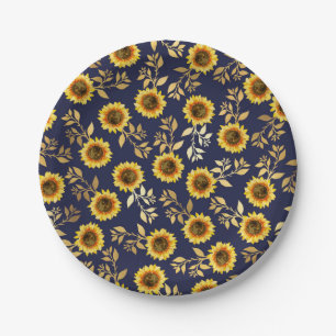Sunny Yellow Gold Navy Sunflower Leaves Pattern Papieren Bordje
