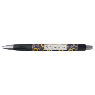 Sunny Yellow Gold Navy Sunflower Leaves Pattern Pen