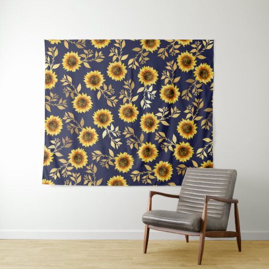 Sunny Yellow Gold Navy Sunflower Leaves Pattern Wandkleed (In Situ (horizontaal))