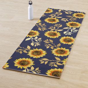 Sunny Yellow Gold Navy Sunflower Leaves Pattern Yogamat