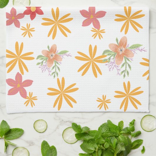 Sunny Yellow & Pink Daisy Floral Pattern  Theedoek (Gevouwen)