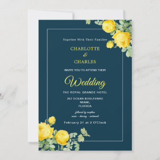 Sunny Yellow Roses Elegant Floral Wedding Invitati Kaart