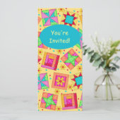 Sunny Yellow & Turquoise Patchwork Quilt Block Art Kaart (Staand voorkant)