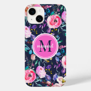 Sunrise Boho Floral Pink en Navy Monogram Case-Mate iPhone 14 Hoesje
