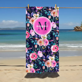 Sunrise Boho Floral Pink en Navy Monogram Strandlaken