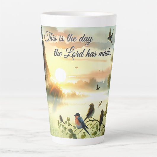 Sunrise Church with Birds in Misty Meadow Latte Mok (Voorkant)