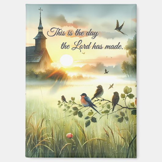 Sunrise Church with Birds in Misty Meadow Magneet (Voorkant)