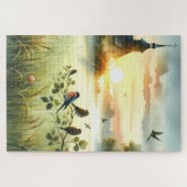 Sunrise Church with Birds in Misty Meadow No Verse Legpuzzel (Horizontaal)