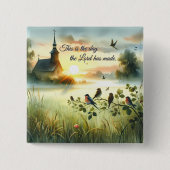Sunrise Church with Birds in Misty Meadow Vierkante Button 5,1 Cm (Voorkant)