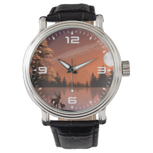 Sunrise Landschap met meer en herten-51207 Horloge
