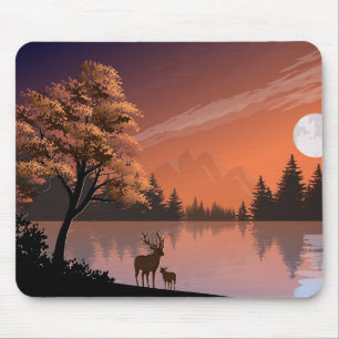 Sunrise Landschap met meer en herten-51207 Muismat