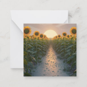 Sunrise Serenade: Dewy Zonnebloemen in Bloei Notitiekaartje