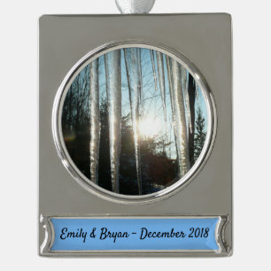 Sunrise Through Icicles Winter Natuur Fotografie Verzilverd Banner Ornament