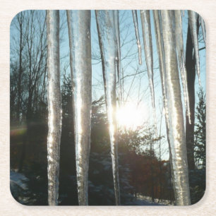 Sunrise Through Icicles Winter Natuur Fotografie Vierkante Kartonnen Onderzetter