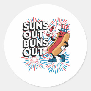 Suns Out Buns Out Grappig 4 juli Hot Dog Patrio Ronde Sticker