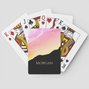 Sunset Agaat, Gouden Glitter & Naam op Zwart Pokerkaarten