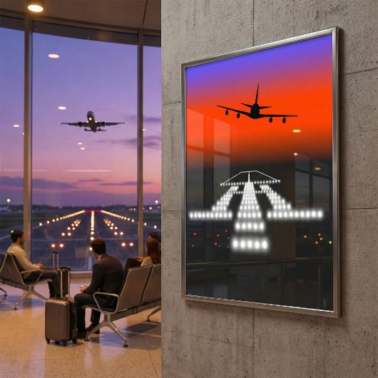 Sunset Airplane Approach Runway Lights Aviation Poster
