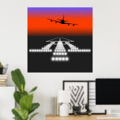 Sunset Airplane Approach Runway Lights Aviation Poster (Thuiskantoor)