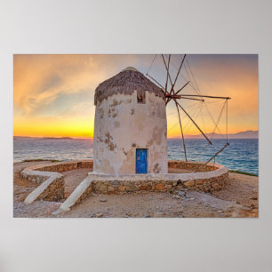 Sunset at the beroemde windmolens of Mykonos, Grie Poster
