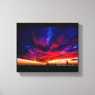 Sunset at the Pier, Huntington Beach, CA Canvas Afdruk