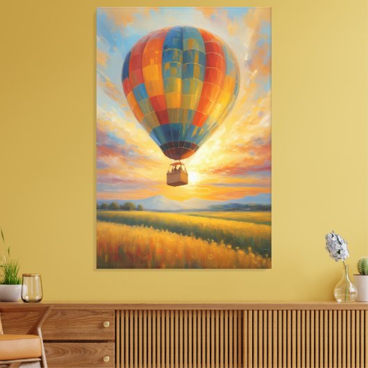 Sunset Balloon Ride Over Golden Fields Canvas Afdruk (Insitu (Woonkamer))