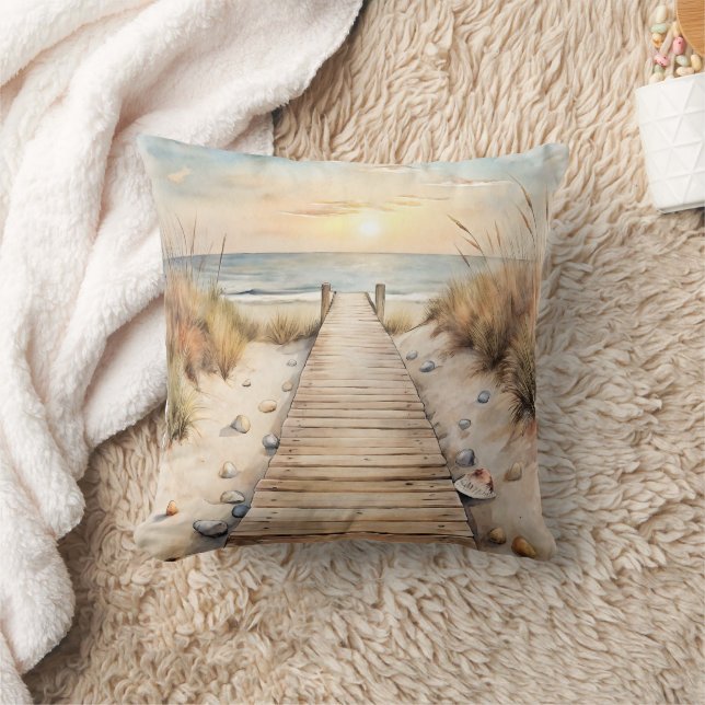 Sunset Beach Boardwalk Waterverf Kussen (Deken)