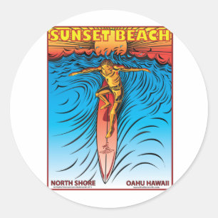 SUNSET BEACH HAWAÏ SURFEN RONDE STICKER
