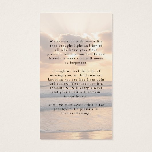 Sunset Beach In Loving Memory Photo Prayer Card (Dos)