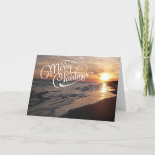 Sunset Beach met gloeiende zon Kerst Kaart