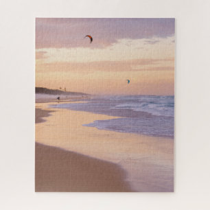 Sunset Beach, Ocean Waves, People Flying Kites Legpuzzel