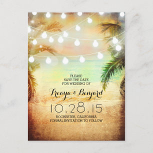 Sunset Beach & Palm String Lights Sla de datum op Aankondigingskaart