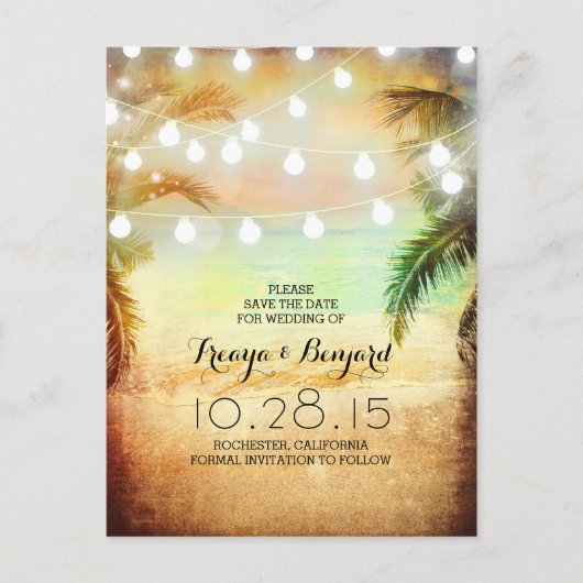 Sunset Beach & Palm String Lights Sla de datum op Aankondigingskaart (Voorkant)