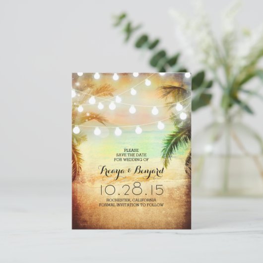 Sunset Beach & Palm String Lights Sla de datum op Aankondigingskaart (Staand voorkant)