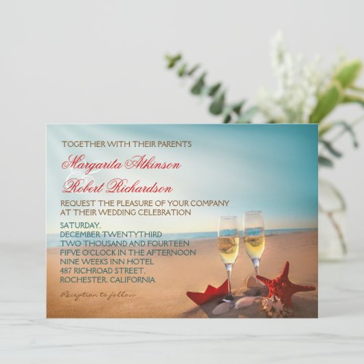 Sunset Beach Romantique Mariage Invitations (Debout devant)