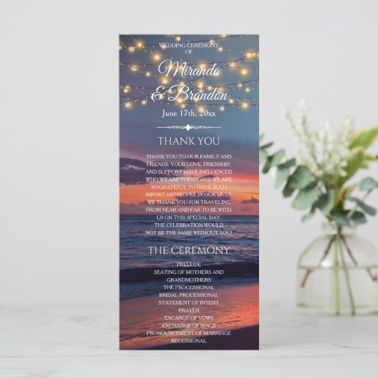 Sunset Beach String Light Summer Wedding Programme (Debout devant)