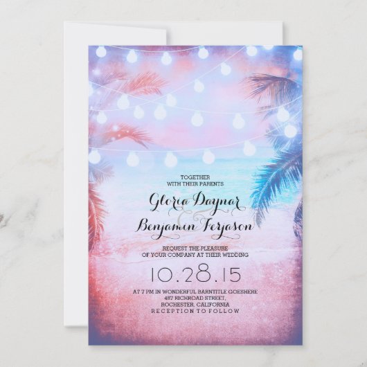 Sunset Beach & String Lights Faire-part de mariage (Devant)