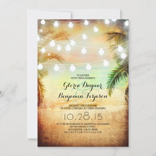 Sunset Beach & String Lights Wedding Invitation Kaart (Voorkant)