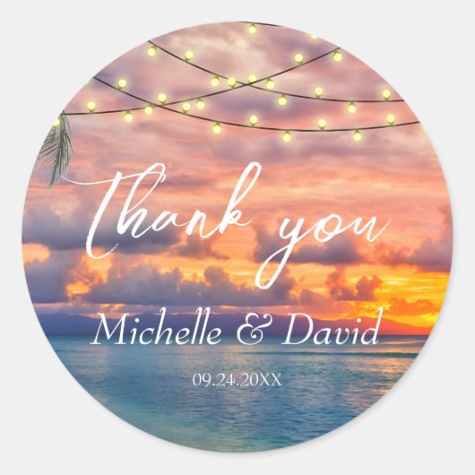 Sunset Beach String Lights Wedding Ronde Sticker (Voorkant)