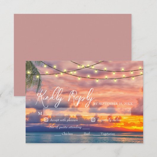 Sunset Beach String Lights Wedding RSVP Kaart (Voorkant / Achterkant)