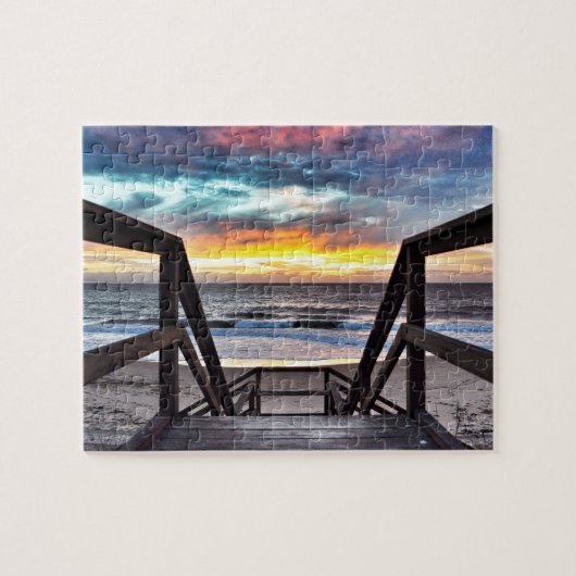 Sunset Beach Uitzicht from Rustic Wood Deck Legpuzzel (Horizontaal)