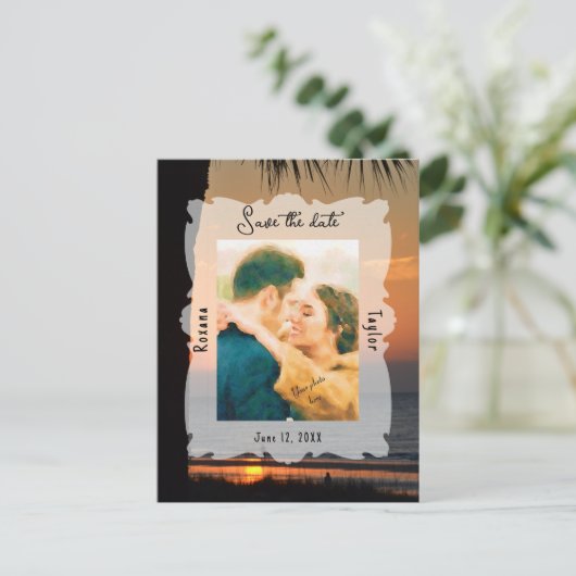 Sunset Beach Weddenschap Photo Save the Date Briefkaart (Staand voorkant)