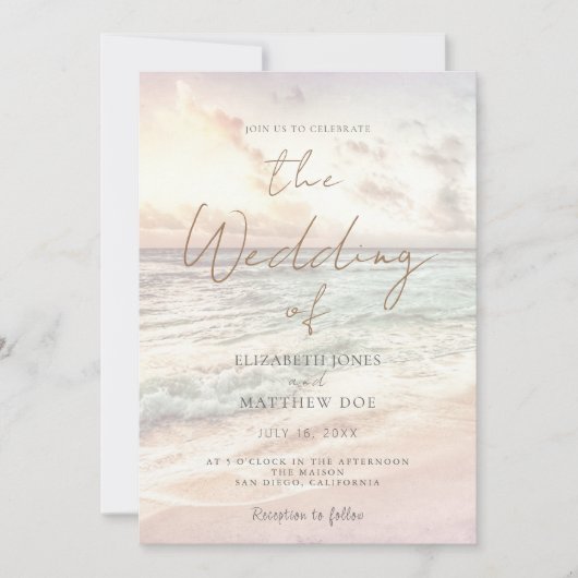 Sunset Beach Wedding Beachfront Wedding Invitation Kaart (Voorkant)