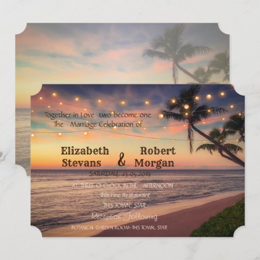 Sunset Beach Wedding, Palms, Lumières Invitation (Devant / Derrière)