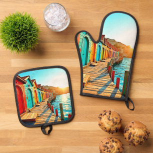Sunset Bliss: Seaside Hues Ovenwant & Pannenlap Set