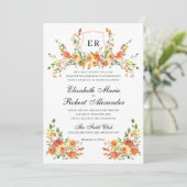 Sunset Bloom Monogram Floral Crest Wedding Kaart (Staand voorkant)