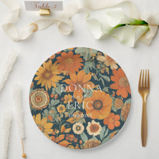 Sunset Blooms:  70's Oranje Bloemen Huwelijk Papieren Bordje