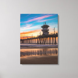 Sunset by the Huntington Beach Pier in California Canvas Afdruk