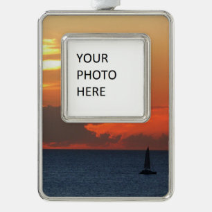 Sunset Clouds and Sailboat Seascape Verzilverd Kader Ornament