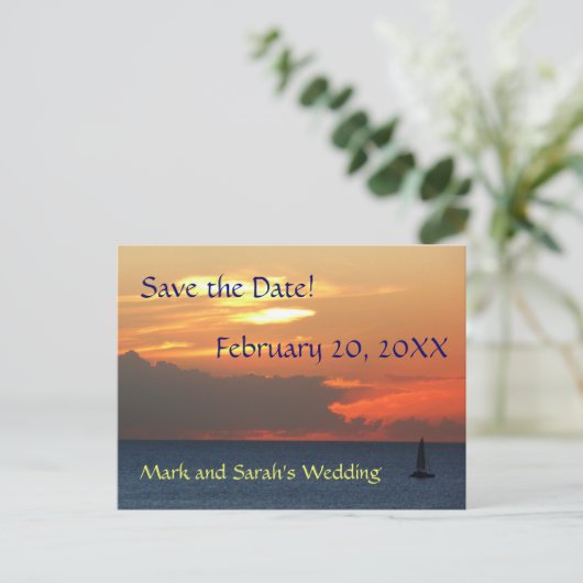 Sunset Clouds en Sailboat Save the Date Briefkaart (Staand voorkant)